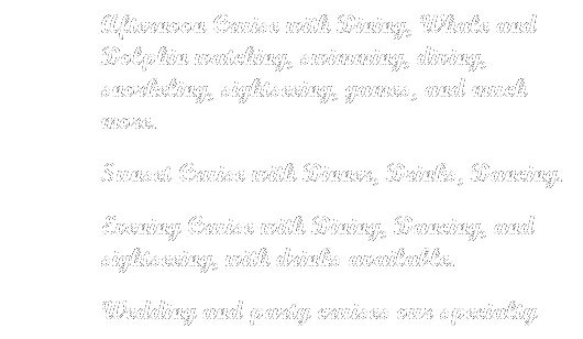 Text Box: Afternoon Cruise with Dining, Whale and Dolphin watching, swimming, diving, snorkeling, sightseeing, games, and much more.
Sunset Cruise with Dinner, Drinks, Dancing. 
Evening Cruise with Dining, Dancing, and sightseeing, with drinks available.
Wedding and party cruises our specialty anytime. 
