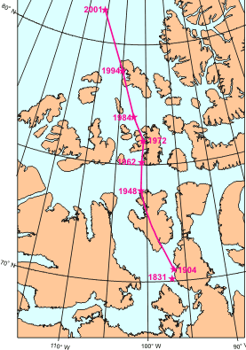The movement of Earth's north magnetic pole across the Canadian arctic, 1831-2001. Credit: Geological Survey of Canada. The movement of Earth's north magnetic pole across the Canadian arctic, 1831-2001. Credit: Geological Survey of Canada.