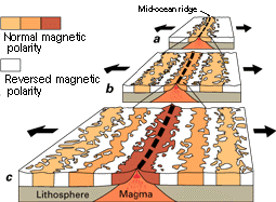 Magnetic stripes around mid-ocean ridges reveal the history of Earth's magnetic field for millions of years. The study of Earth's past magnetism is called paleomagnetism. Image credit: USGS. Magnetic stripes around mid-ocean ridges reveal the history of Earth's magnetic field for millions of years. The study of Earth's past magnetism is called paleomagnetism. Image credit: USGS.
